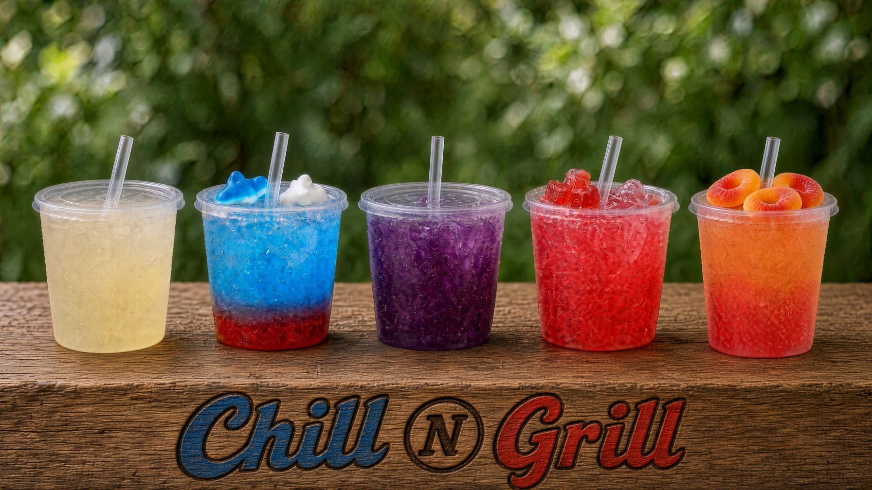 Fresh-squeezed lemonades in strawberry, blue raspberry, grape, cherry, and peach